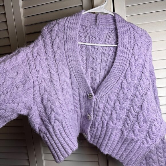 Zara Jewel Button Purple Cable Knit Cropped Cardigan Sweater Rhinestone Blogger - Picture 1 of 7